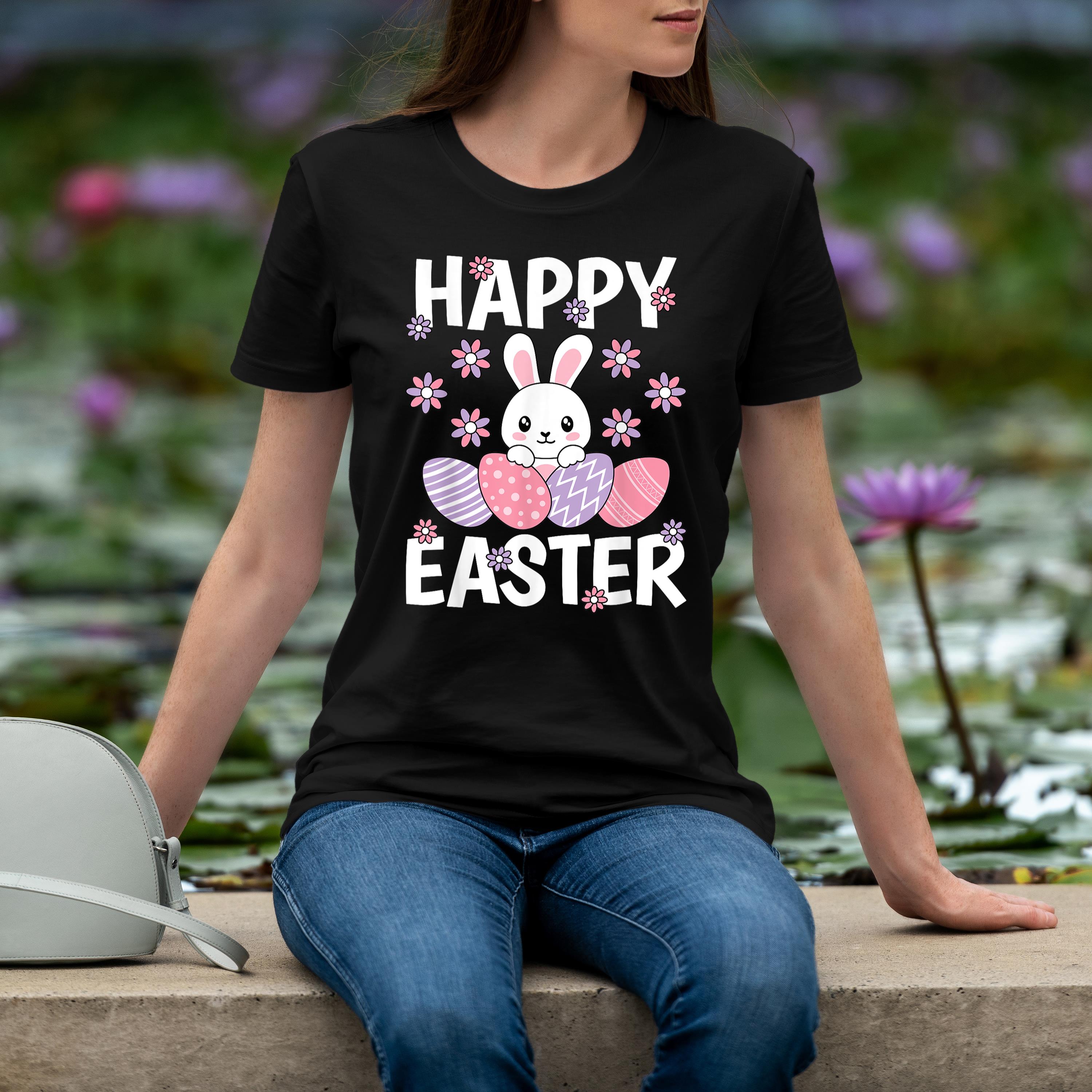 Cute Happy Easter Bunny Rabbit Egg Women Girls Kids Shirt 